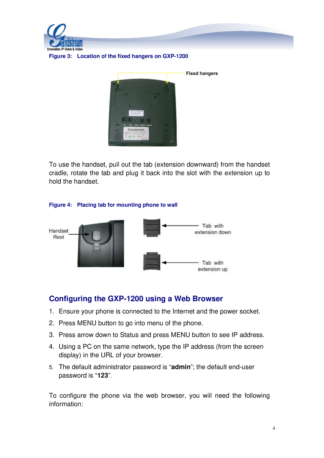 Grandstream Networks manual Configuring the GXP-1200 using a Web Browser, Location of the fixed hangers on GXP-1200 