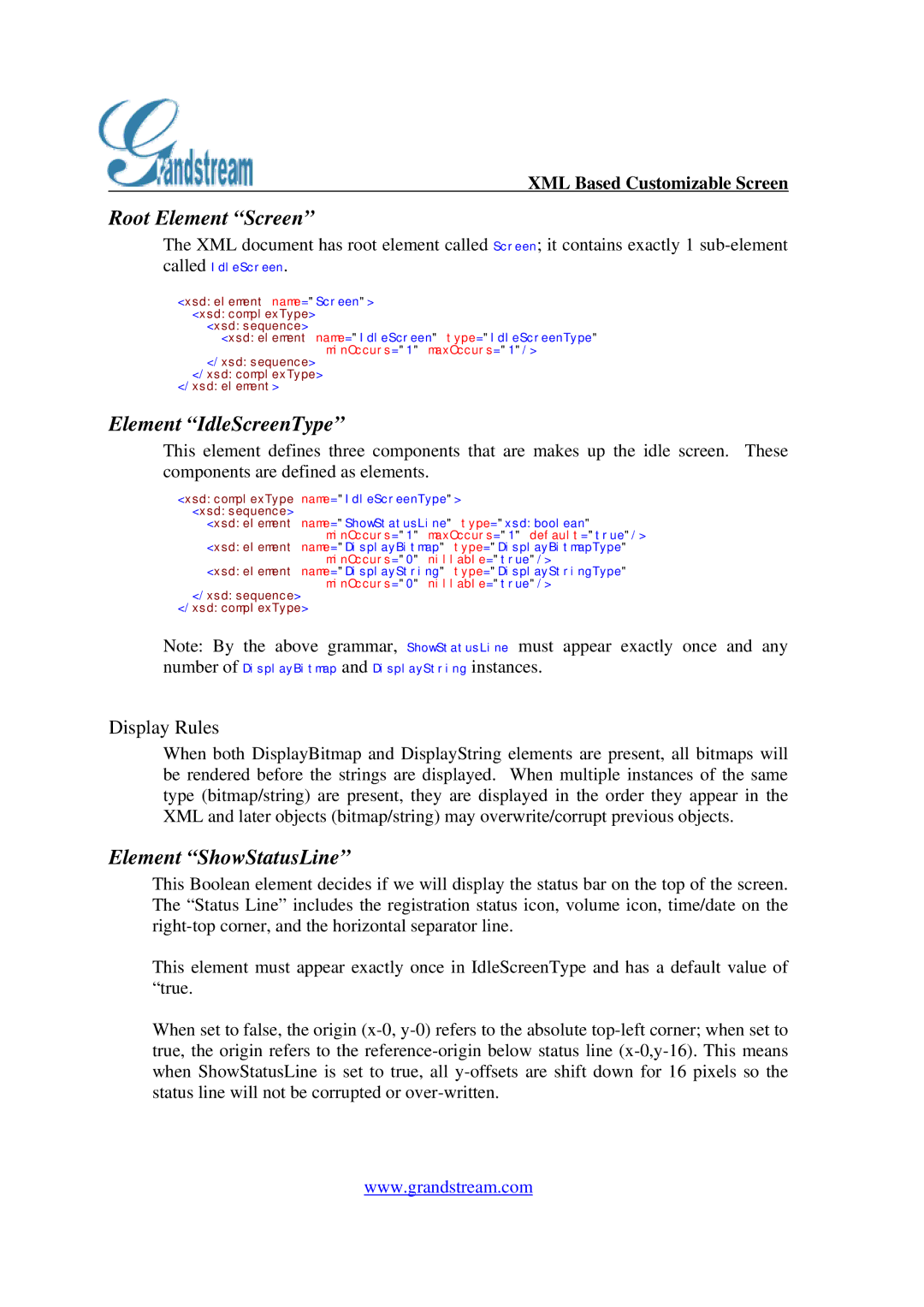 Grandstream Networks GXP-2000 manual Root Element Screen, Element IdleScreenType, Element ShowStatusLine, Display Rules 