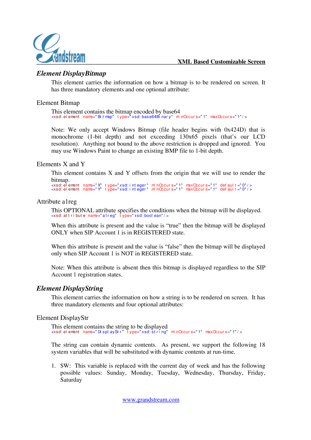 Grandstream Networks GXP-2000 manual Element DisplayBitmap, Element DisplayString 