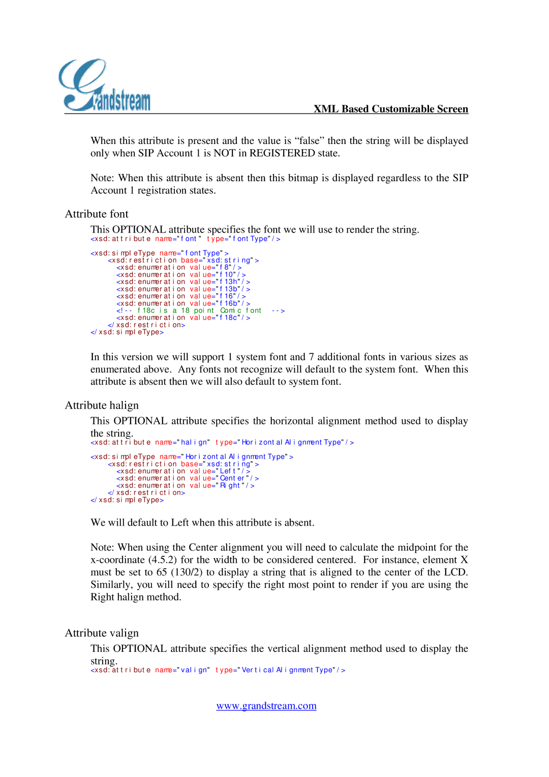 Grandstream Networks GXP-2000 manual Attribute font, Attribute halign, Attribute valign 