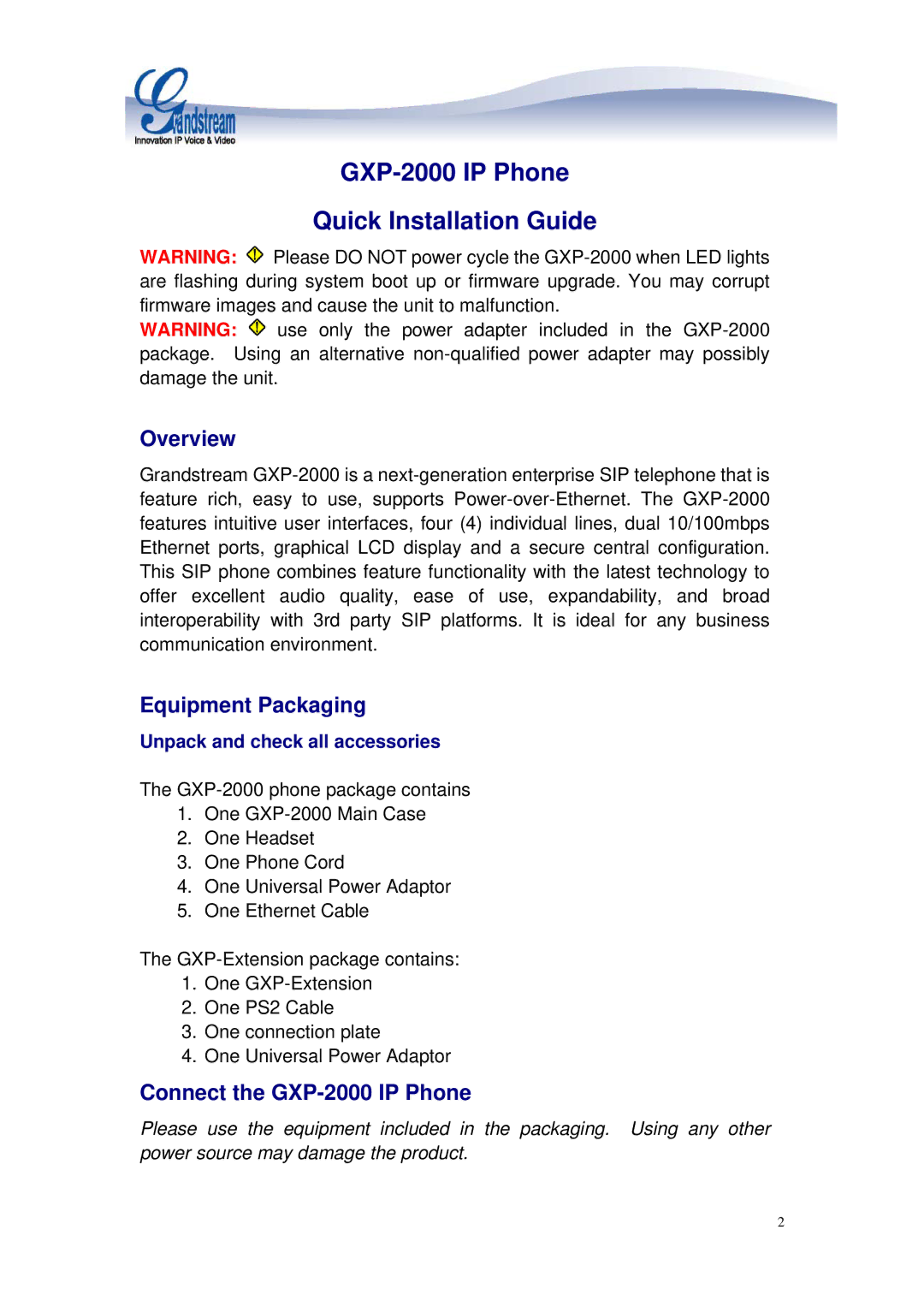 Grandstream Networks Overview, Equipment Packaging, Connect the GXP-2000 IP Phone, Unpack and check all accessories 