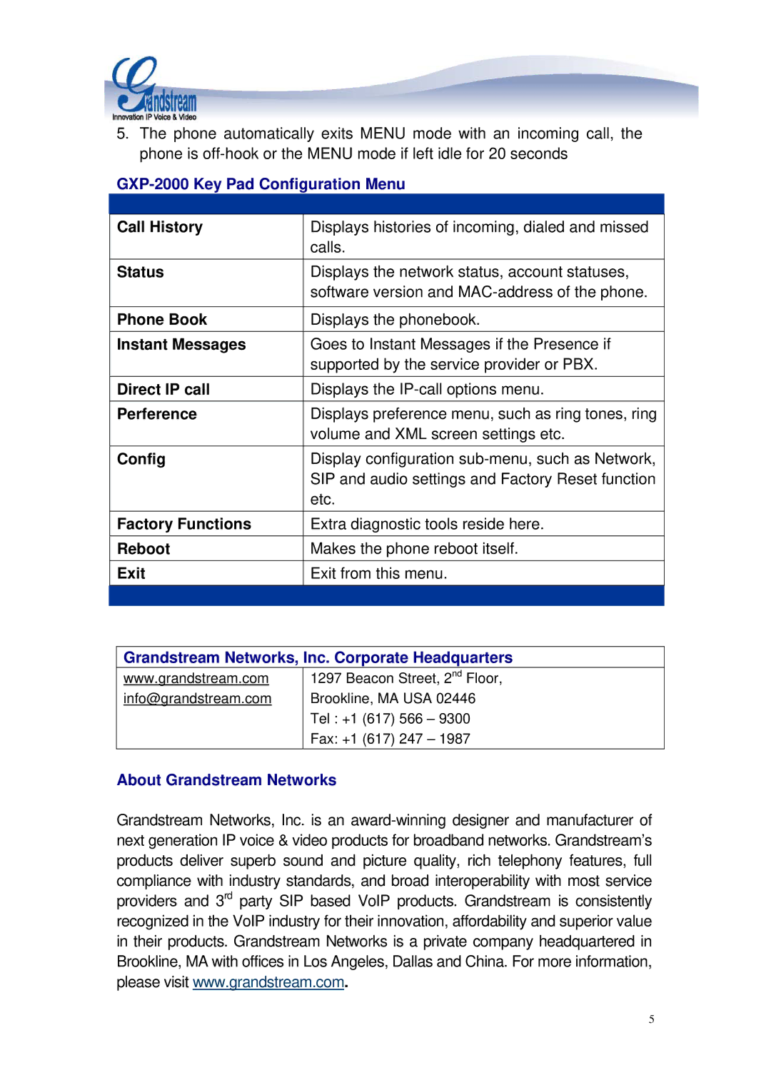 Grandstream Networks manual GXP-2000 Key Pad Configuration Menu, Grandstream Networks, Inc. Corporate Headquarters 