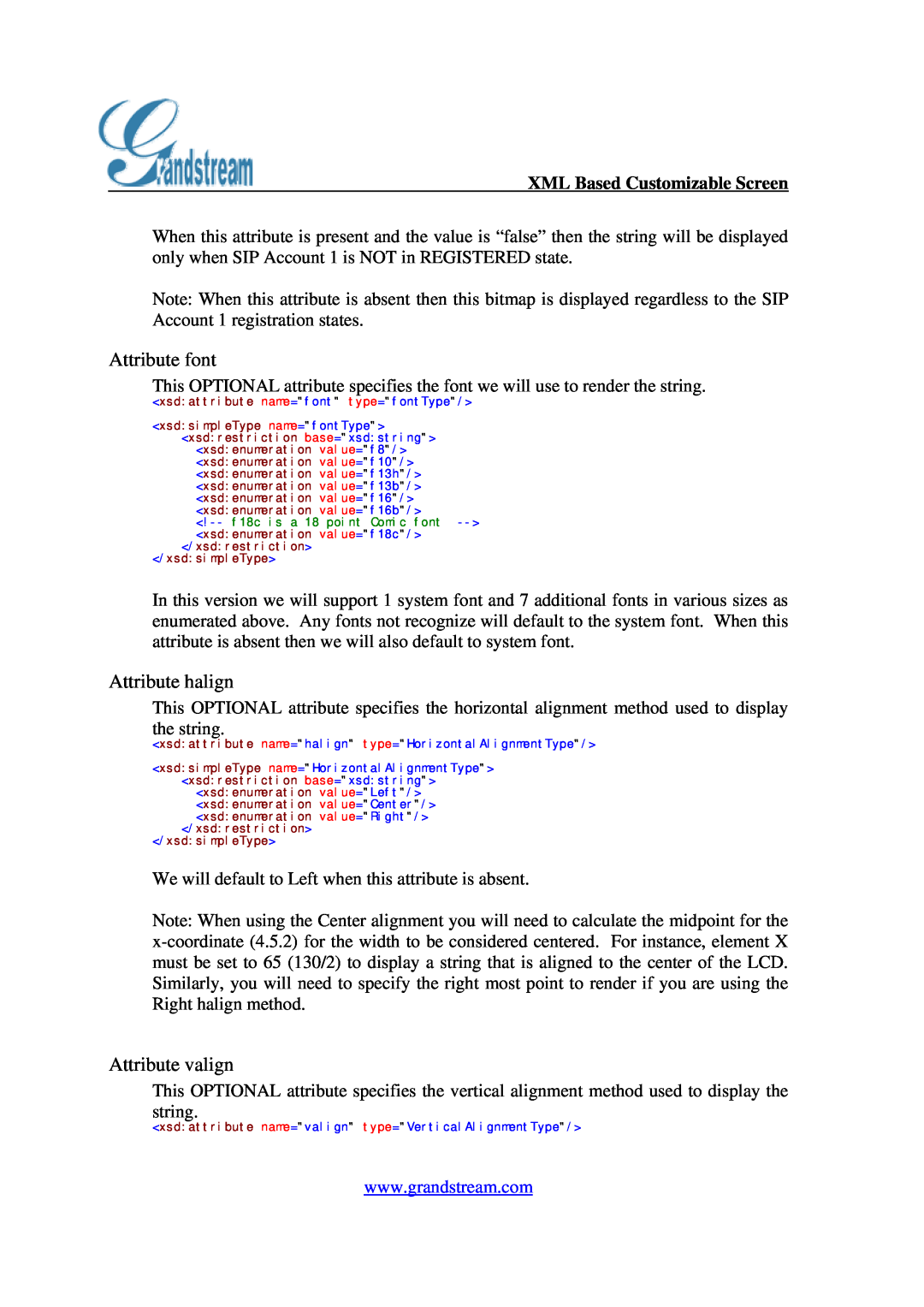 Grandstream Networks GXP-2000 manual Attribute font, Attribute halign, Attribute valign, XML Based Customizable Screen 