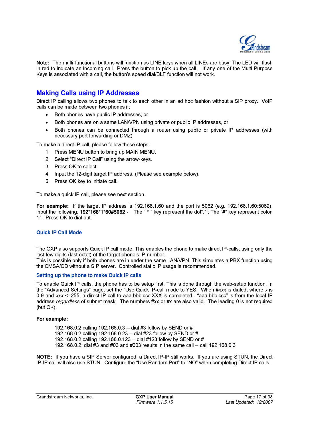 Grandstream Networks GXP-1200, GXP-2010 manual Making Calls using IP Addresses, For example 