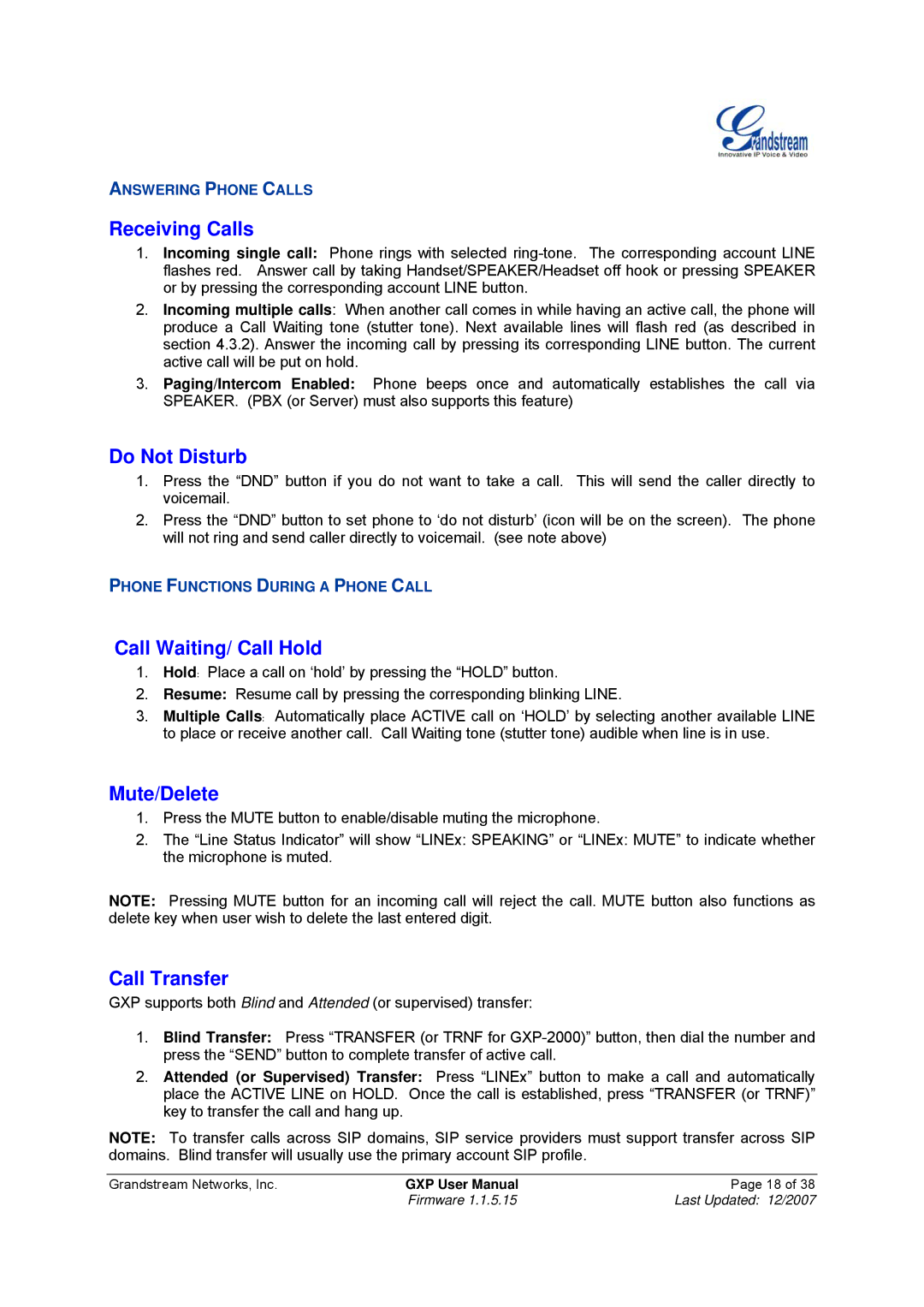 Grandstream Networks GXP-2010 manual Receiving Calls, Do Not Disturb, Call Waiting/ Call Hold, Mute/Delete, Call Transfer 