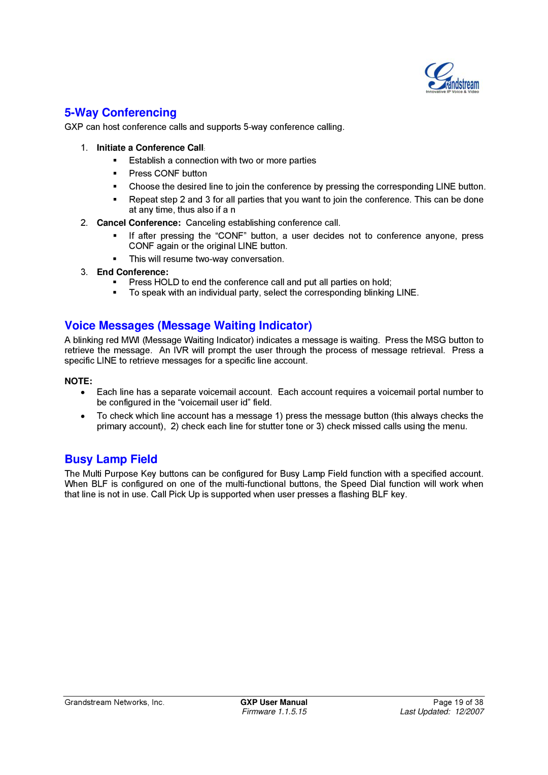 Grandstream Networks GXP-1200 Way Conferencing, Voice Messages Message Waiting Indicator, Busy Lamp Field, End Conference 