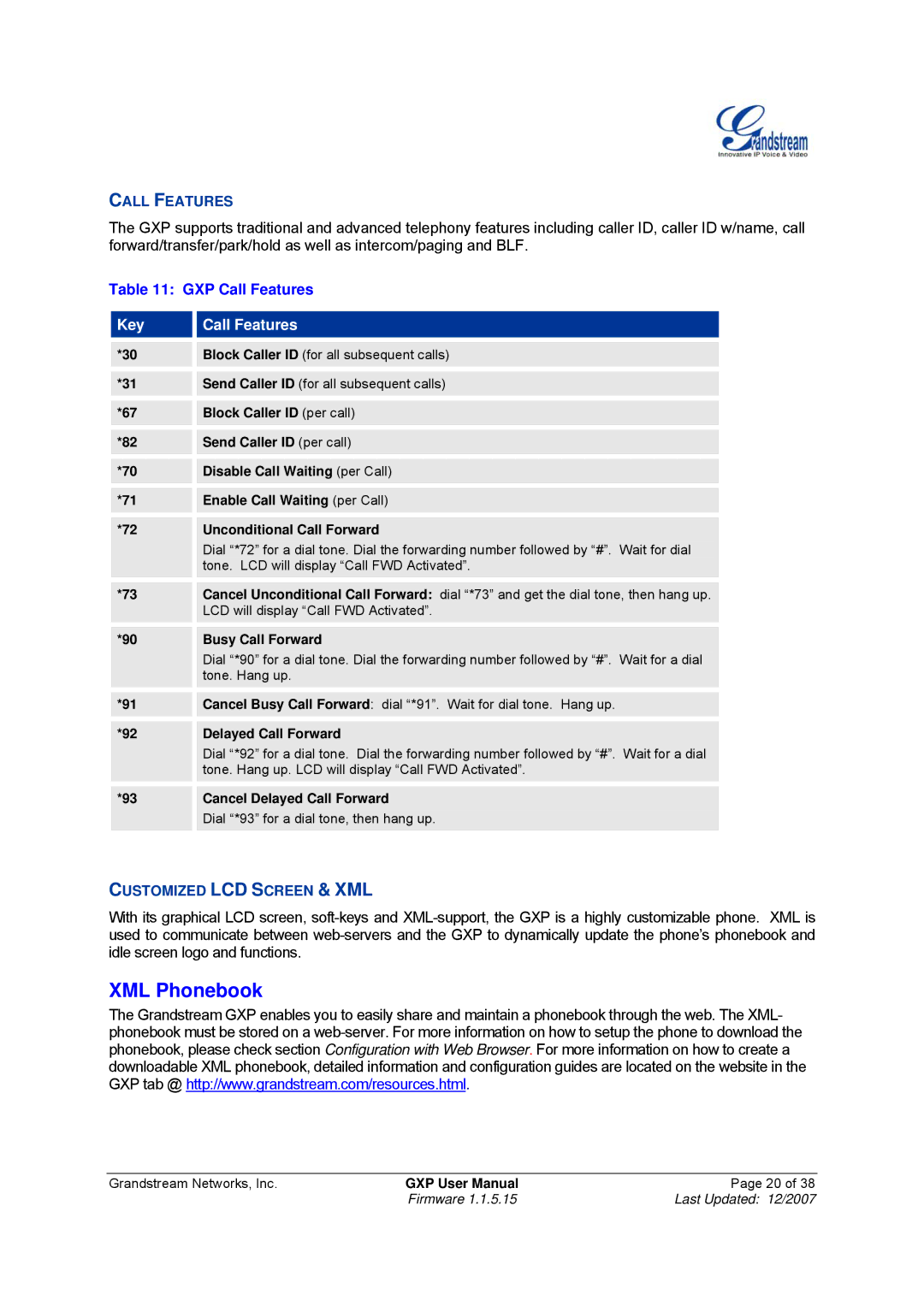 Grandstream Networks GXP-2010, GXP-1200 manual XML Phonebook, GXP Call Features 