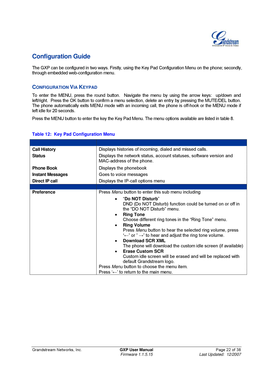 Grandstream Networks GXP-2010, GXP-1200 manual Configuration Guide, Key Pad Configuration Menu 