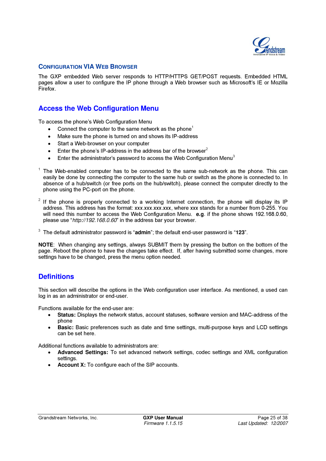 Grandstream Networks GXP-1200, GXP-2010 manual Access the Web Configuration Menu, Definitions 