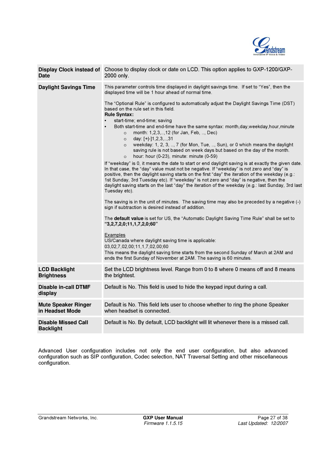 Grandstream Networks GXP-1200 Display Clock instead, Date, Daylight Savings Time, LCD Backlight, Brightness, Headset Mode 