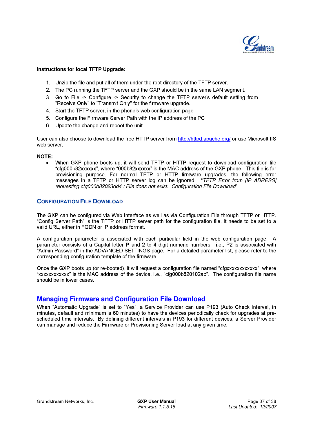 Grandstream Networks GXP-1200 manual Managing Firmware and Configuration File Download, Instructions for local Tftp Upgrade 