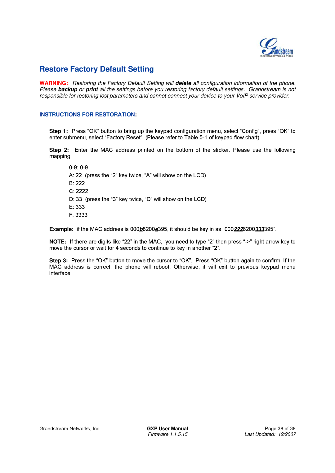 Grandstream Networks GXP-2010, GXP-1200 manual Restore Factory Default Setting, Instructions for Restoration 