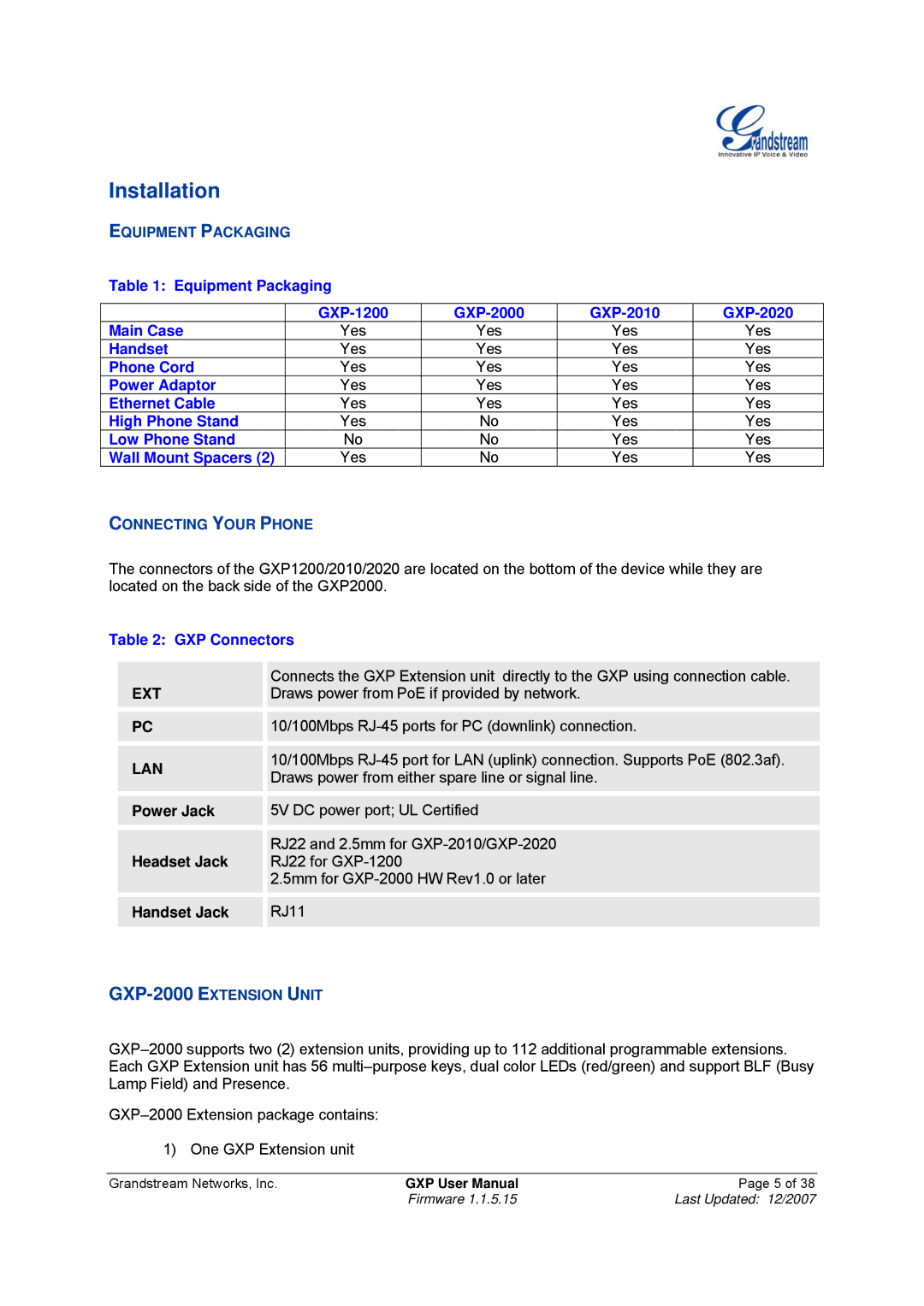 Grandstream Networks GXP-1200, GXP-2010 manual Installation 