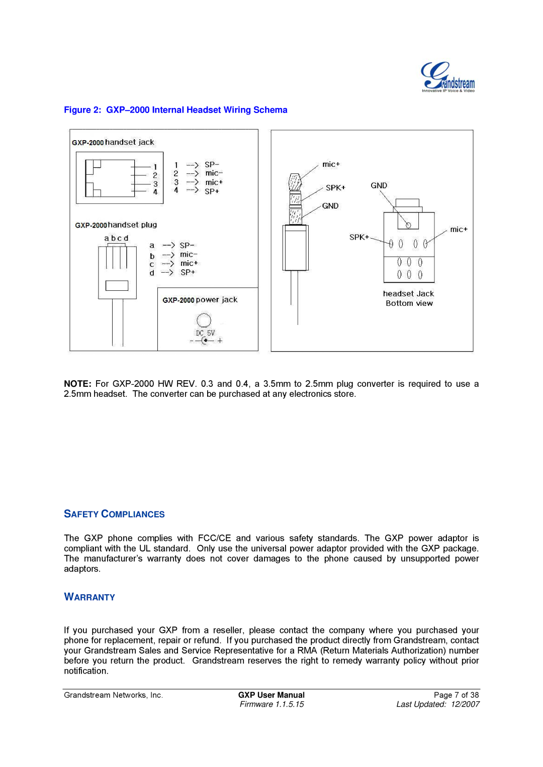 Grandstream Networks GXP-1200, GXP-2010 manual GXP-2000 Internal Headset Wiring Schema 