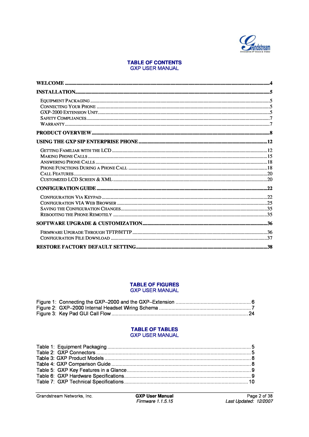 Grandstream Networks GXP-2010 Table Of Contents, Table Of Figures, Table Of Tables, Welcome, Installation, Gxp User Manual 