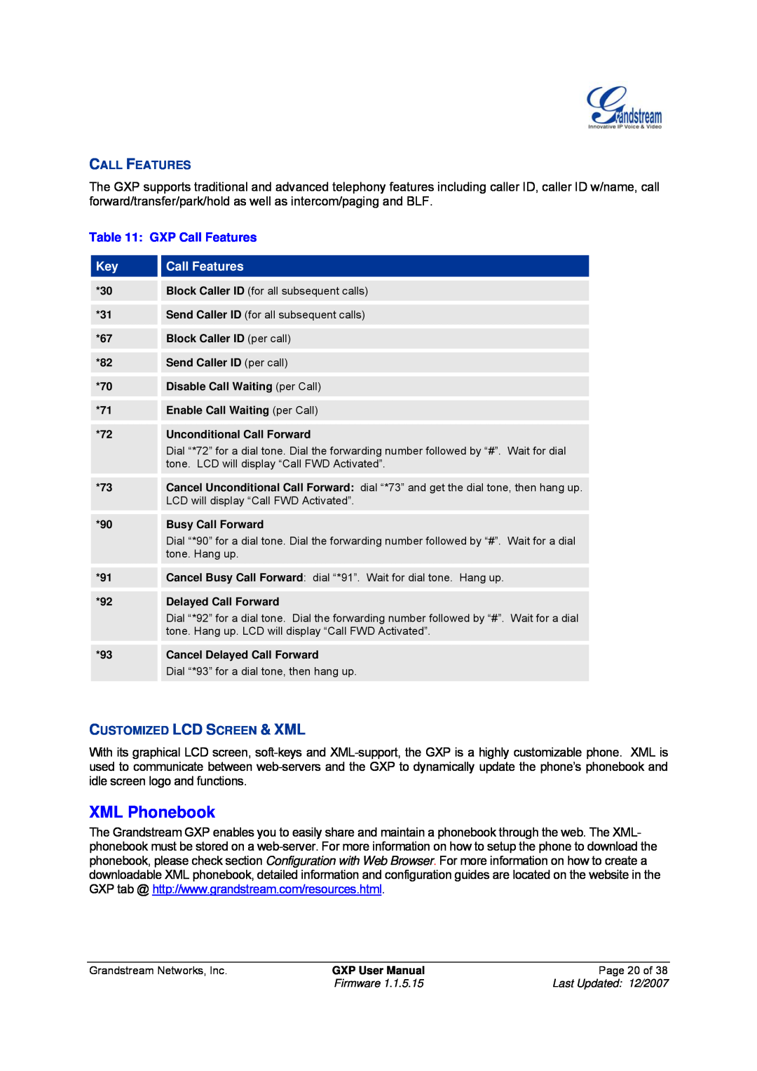 Grandstream Networks GXP-2010, GXP-1200 manual XML Phonebook, GXP Call Features 