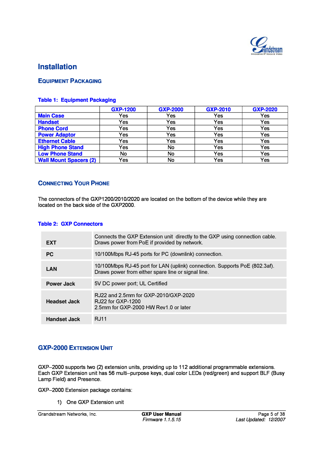 Grandstream Networks GXP-1200, GXP-2010 manual Installation 