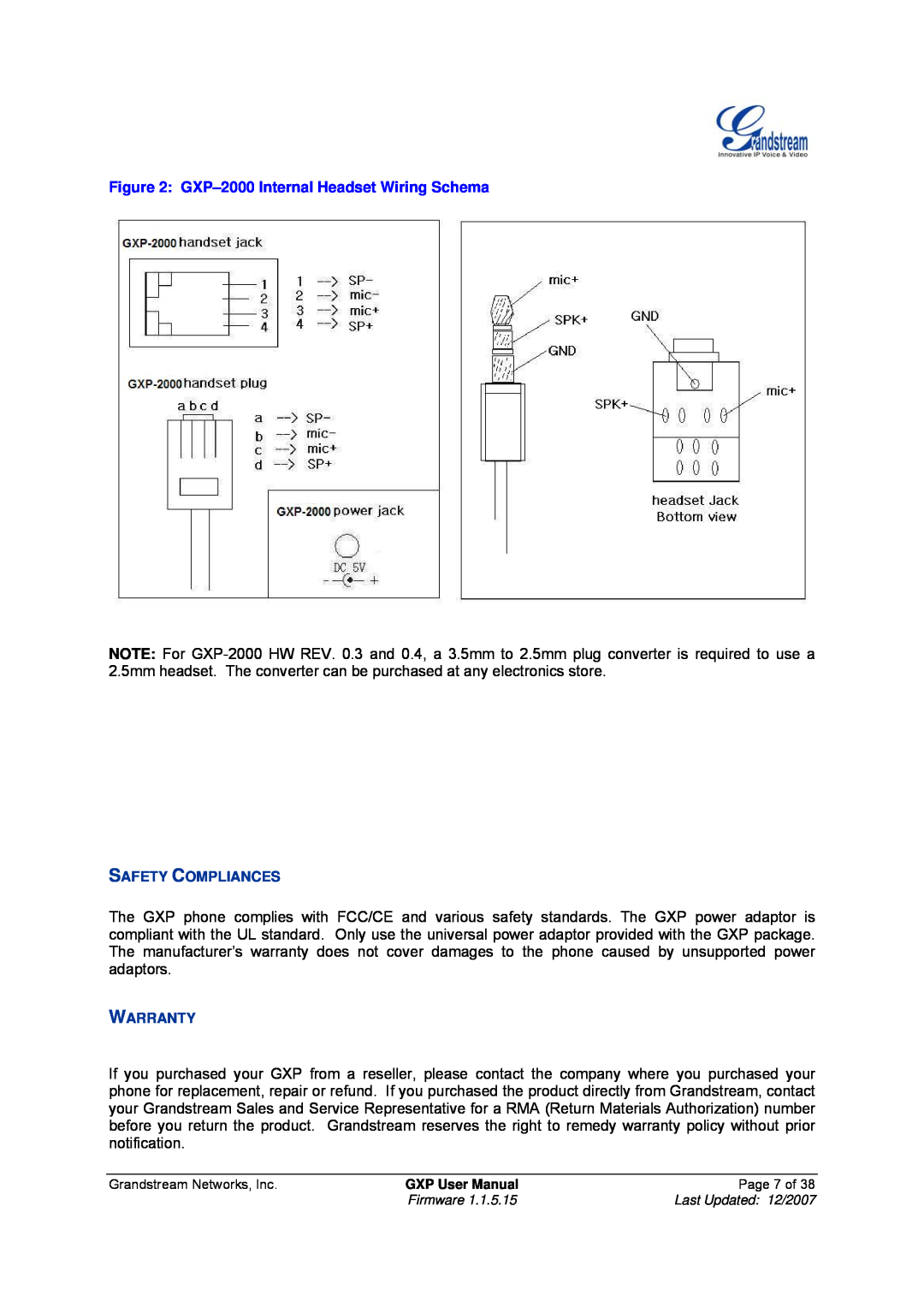 Grandstream Networks GXP-1200, GXP-2010 manual GXP-2000 Internal Headset Wiring Schema, Safety Compliances, Warranty 