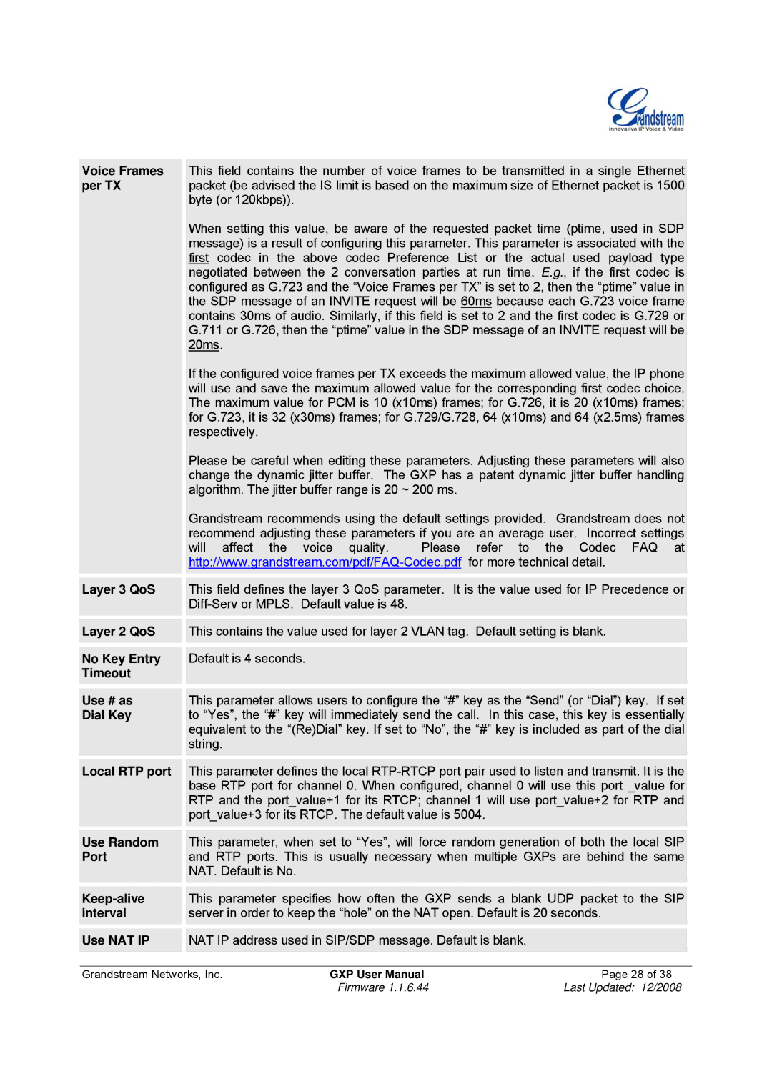 Grandstream Networks GXP-280 Voice Frames, Per TX, Layer 3 QoS, Layer 2 QoS, No Key Entry, Timeout Use # as, Dial Key 
