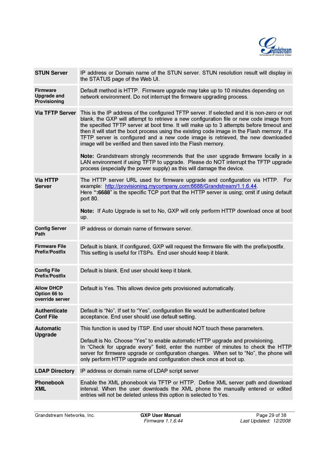 Grandstream Networks GXP-280 manual Stun Server, Via Http, Authenticate, Conf File, Automatic, Phonebook 