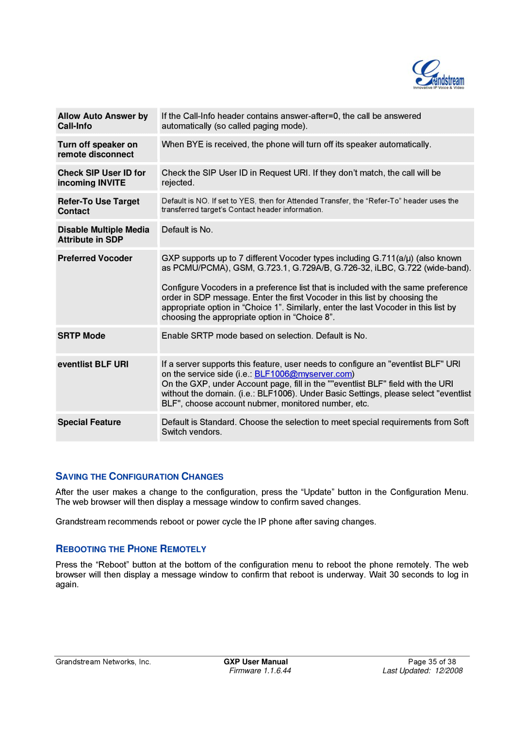 Grandstream Networks GXP-280 Allow Auto Answer by, Call-Info, Turn off speaker on, Remote disconnect Check SIP User ID for 