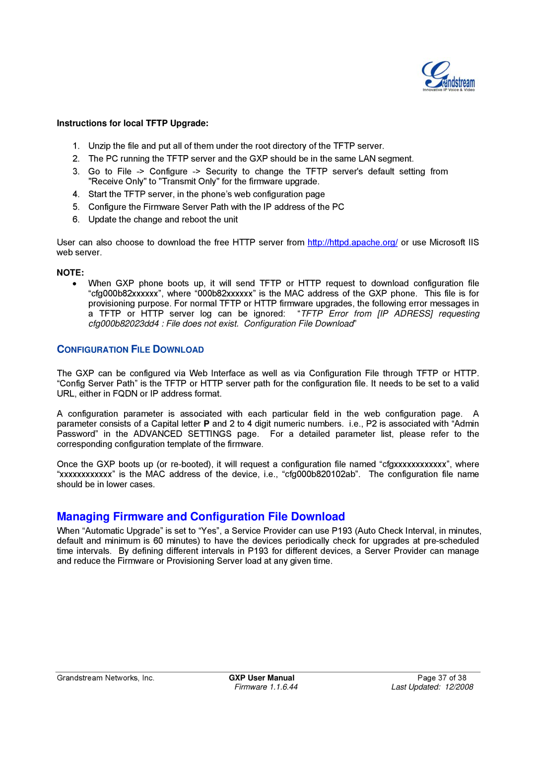 Grandstream Networks GXP-280 manual Managing Firmware and Configuration File Download, Instructions for local Tftp Upgrade 