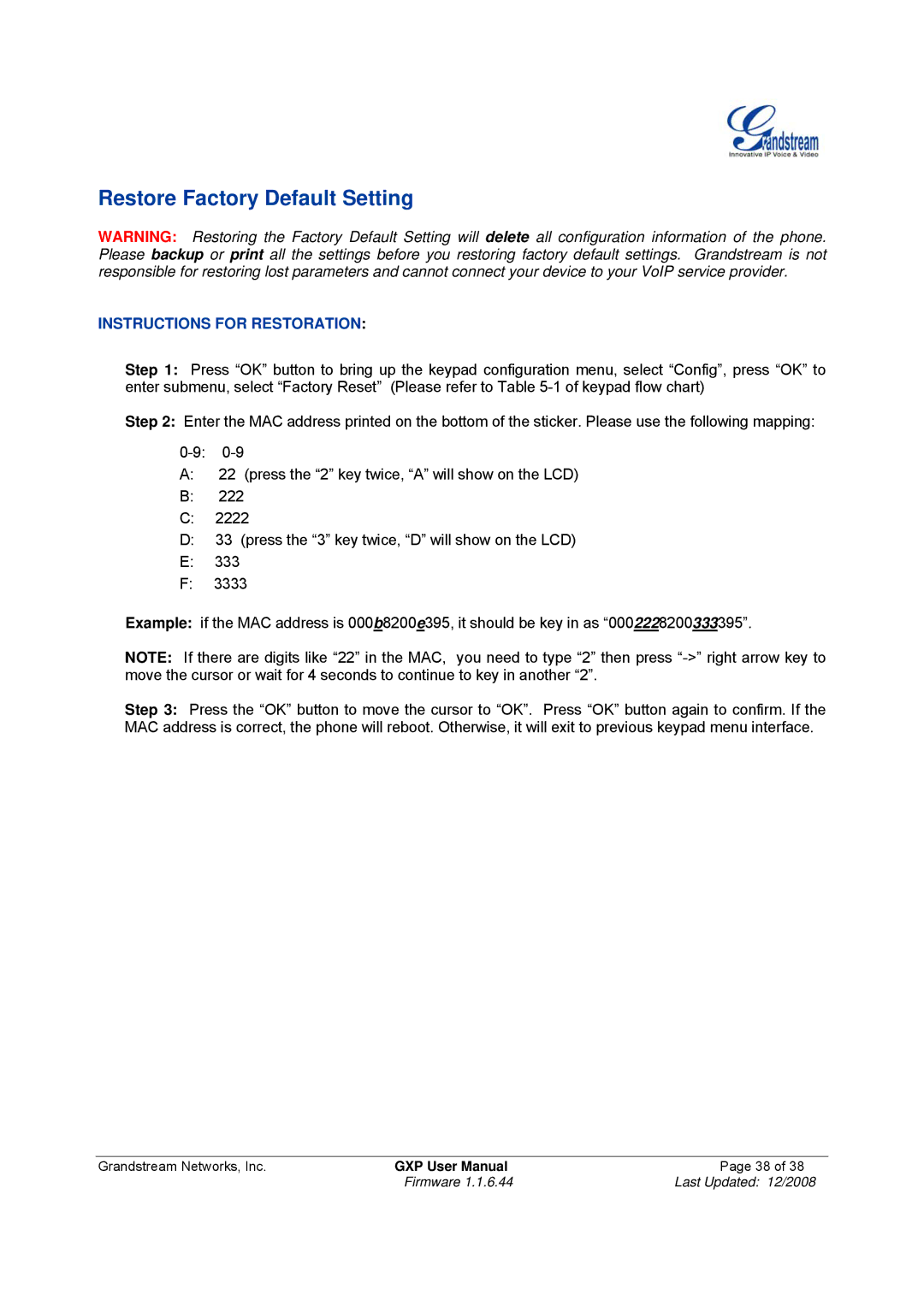 Grandstream Networks GXP-280 manual Restore Factory Default Setting, Instructions for Restoration 