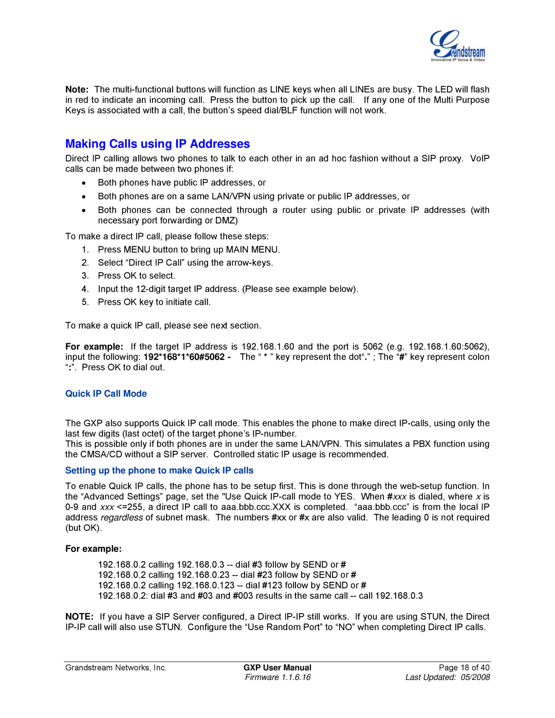 Grandstream Networks GXP Series manual Making Calls using IP Addresses, For example 