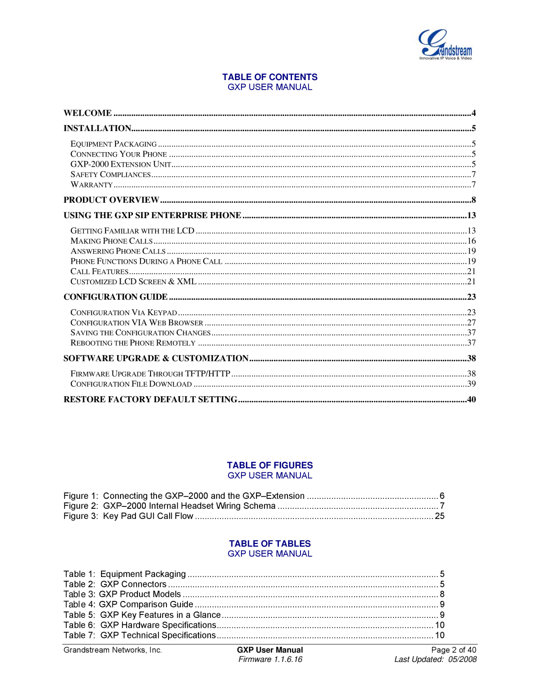 Grandstream Networks GXP Series manual Table of Figures 