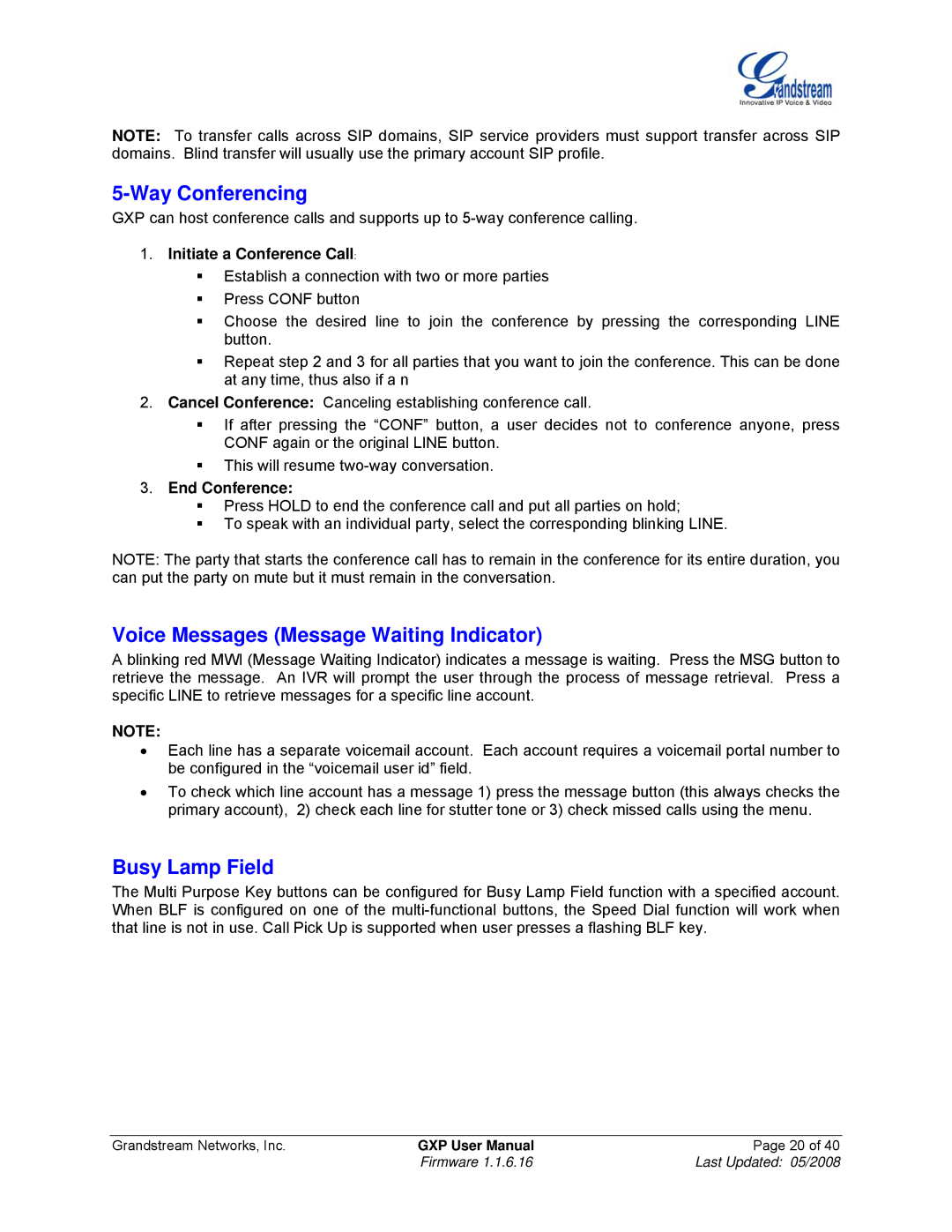 Grandstream Networks GXP Series manual Way Conferencing, Voice Messages Message Waiting Indicator, Busy Lamp Field 