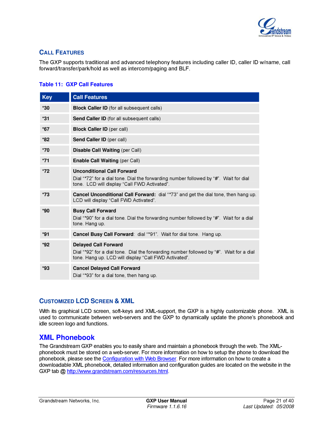 Grandstream Networks GXP Series manual XML Phonebook, GXP Call Features, Customized LCD Screen & XML 