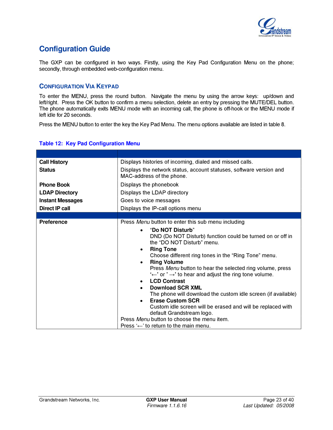 Grandstream Networks GXP Series manual Configuration Guide, Configuration VIA Keypad, Key Pad Configuration Menu 