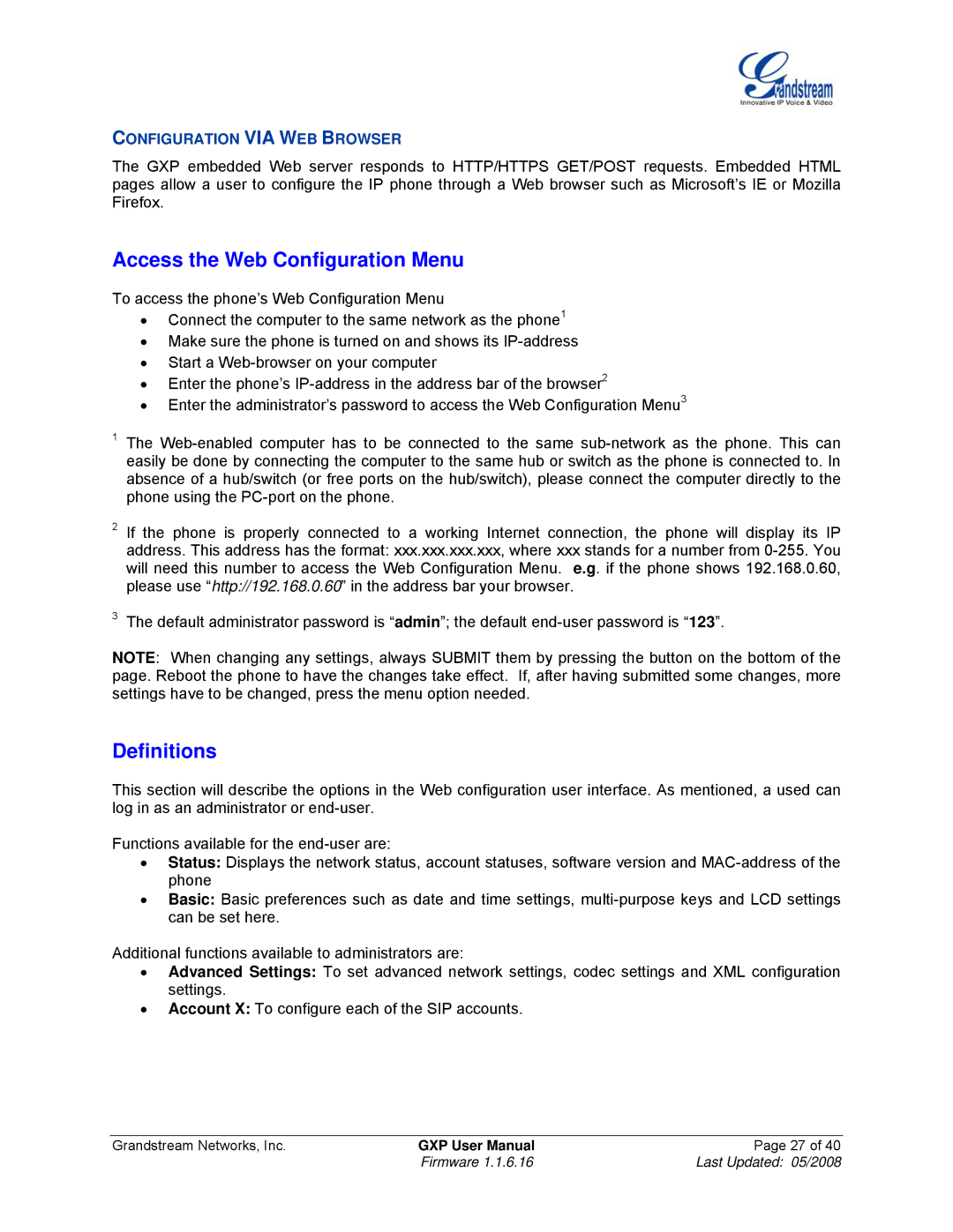 Grandstream Networks GXP Series manual Access the Web Configuration Menu, Definitions, Configuration VIA WEB Browser 