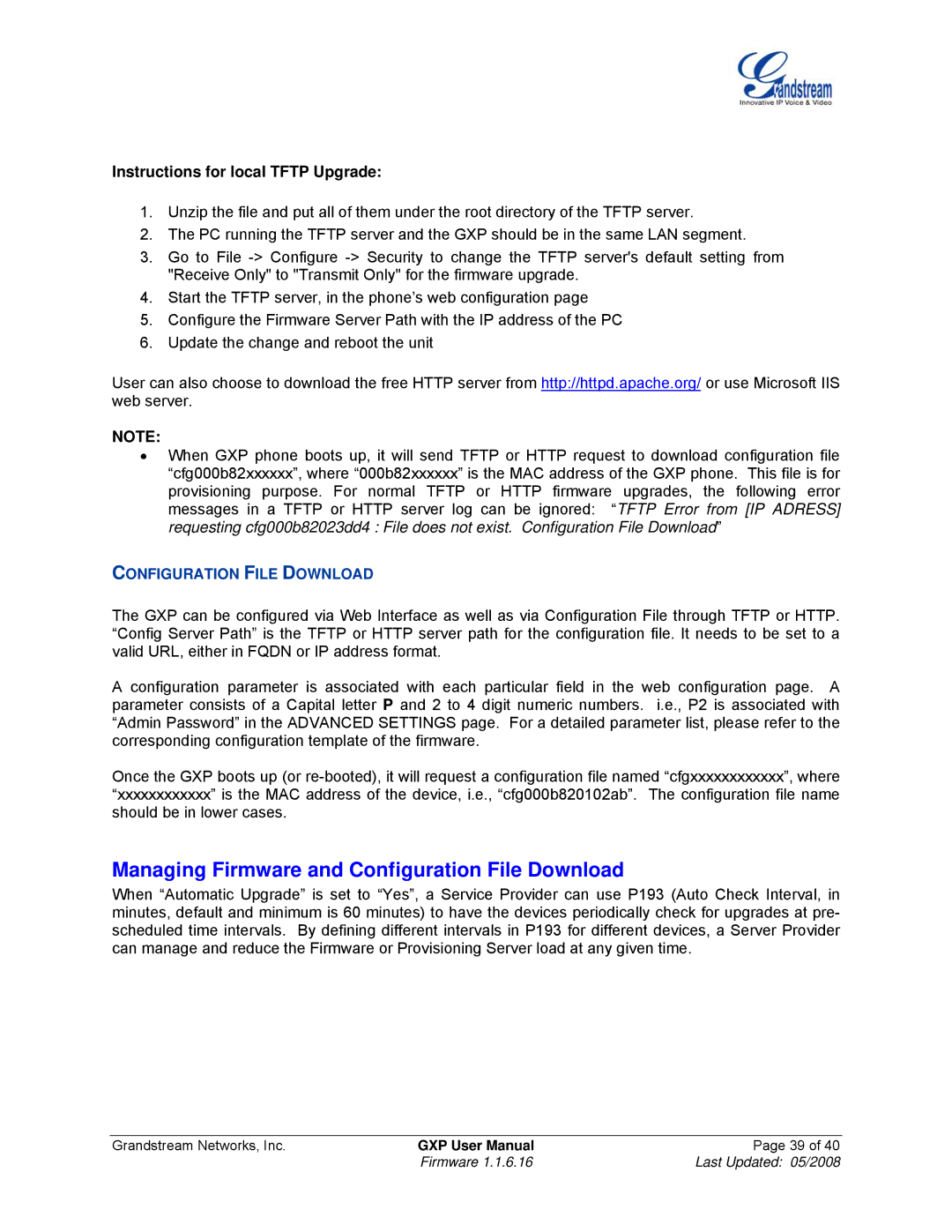 Grandstream Networks GXP Series Managing Firmware and Configuration File Download, Instructions for local Tftp Upgrade 