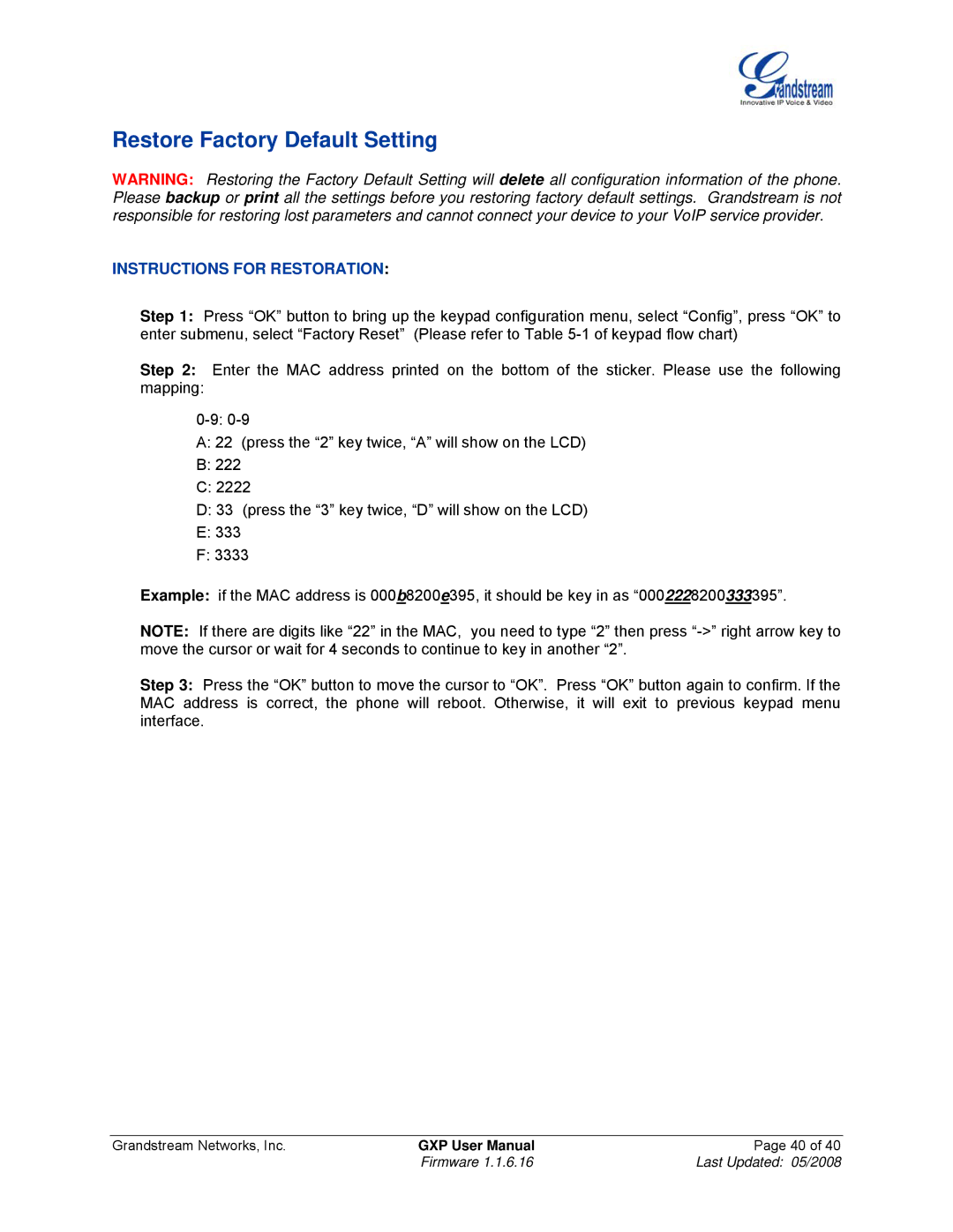 Grandstream Networks GXP Series manual Restore Factory Default Setting, Instructions for Restoration 