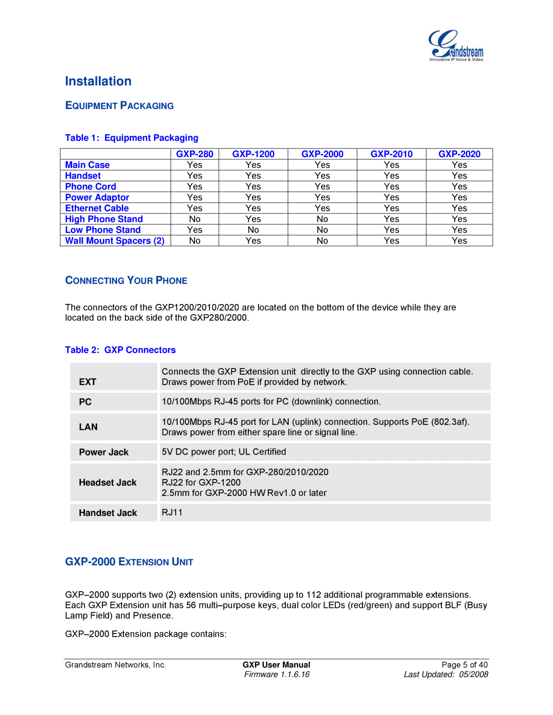 Grandstream Networks GXP Series manual Installation, Equipment Packaging, Connecting Your Phone, GXP-2000 Extension Unit 