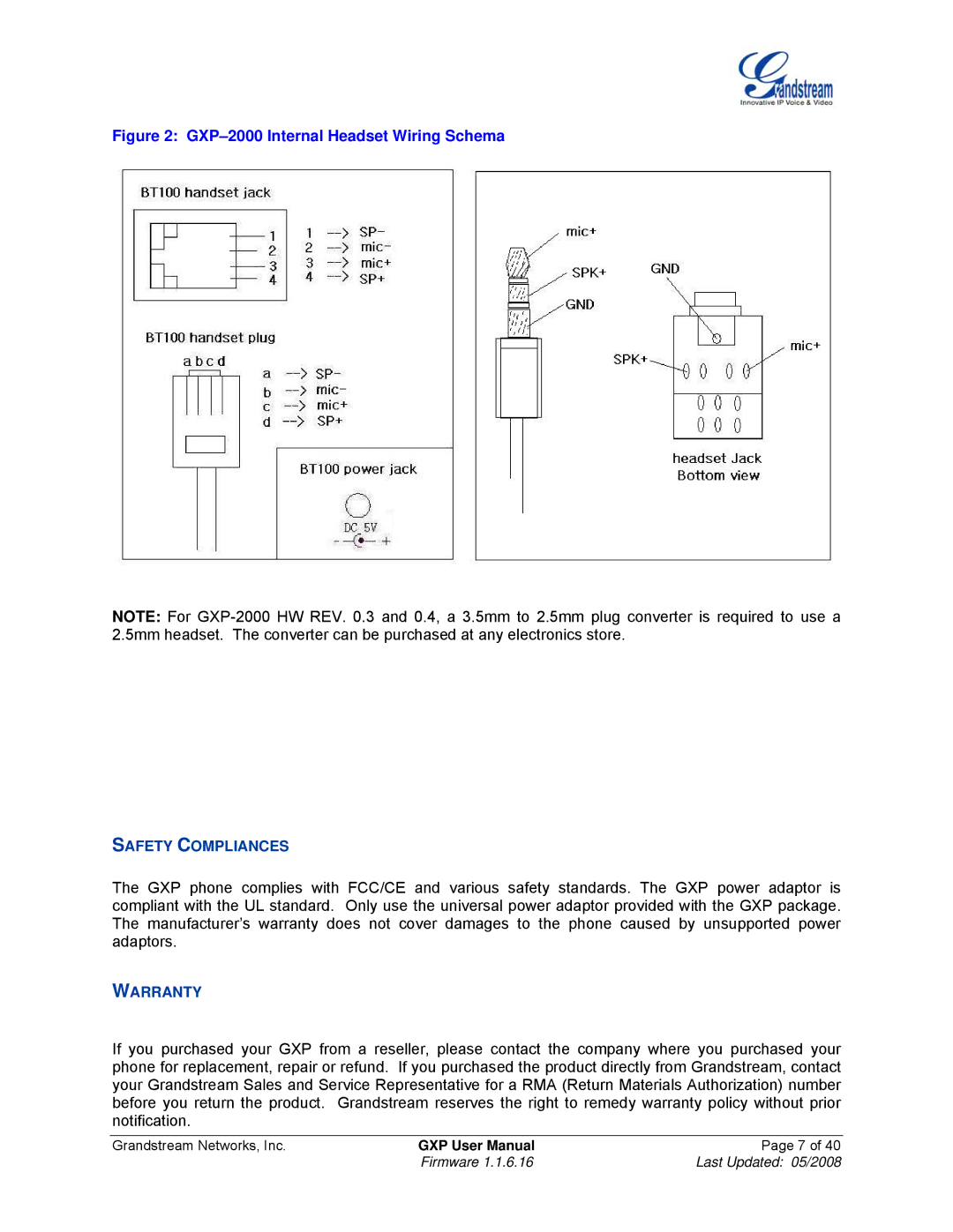 Grandstream Networks GXP Series manual Safety Compliances, Warranty 