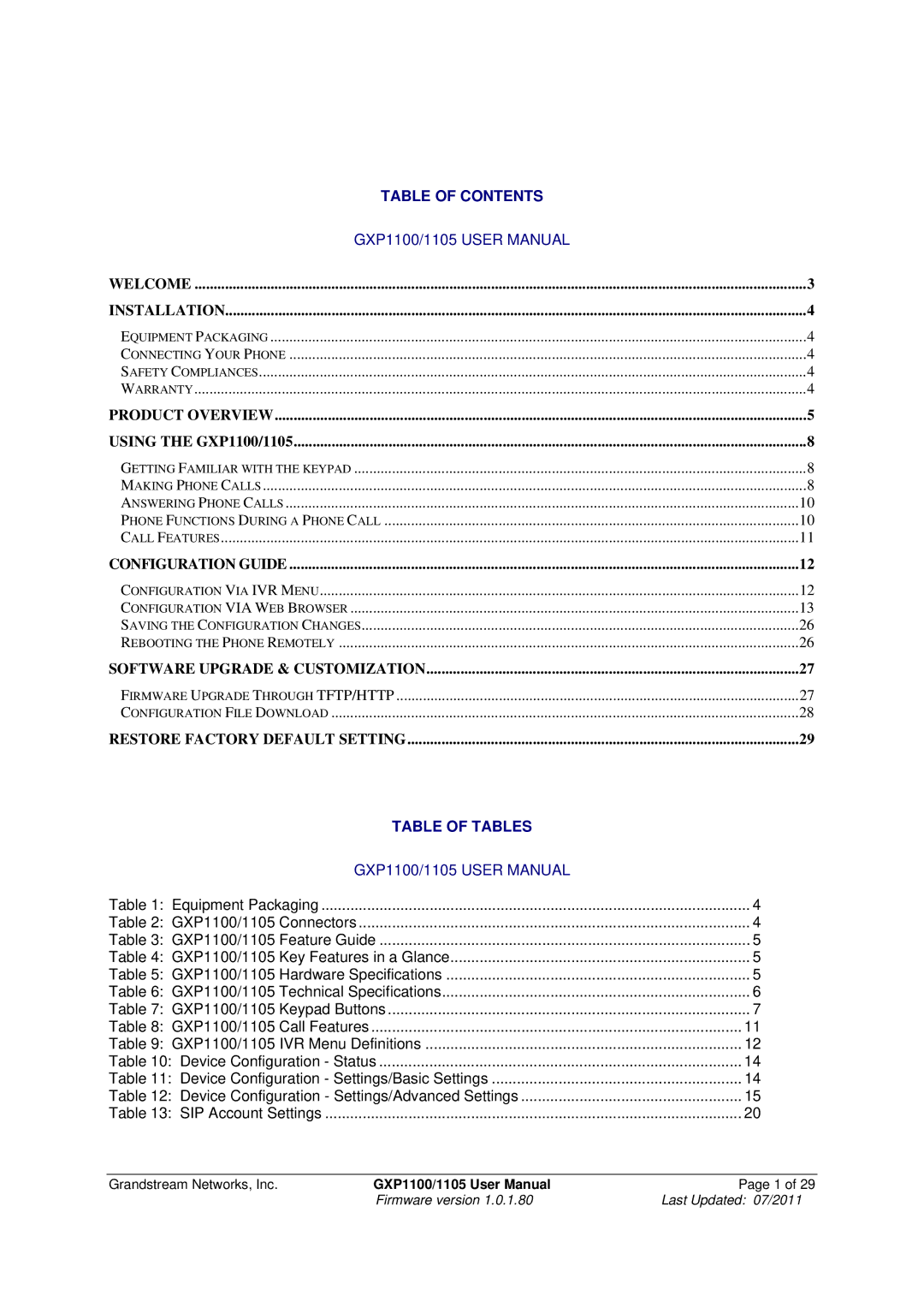 Grandstream Networks GXP1100/1105 manual Table of Contents 