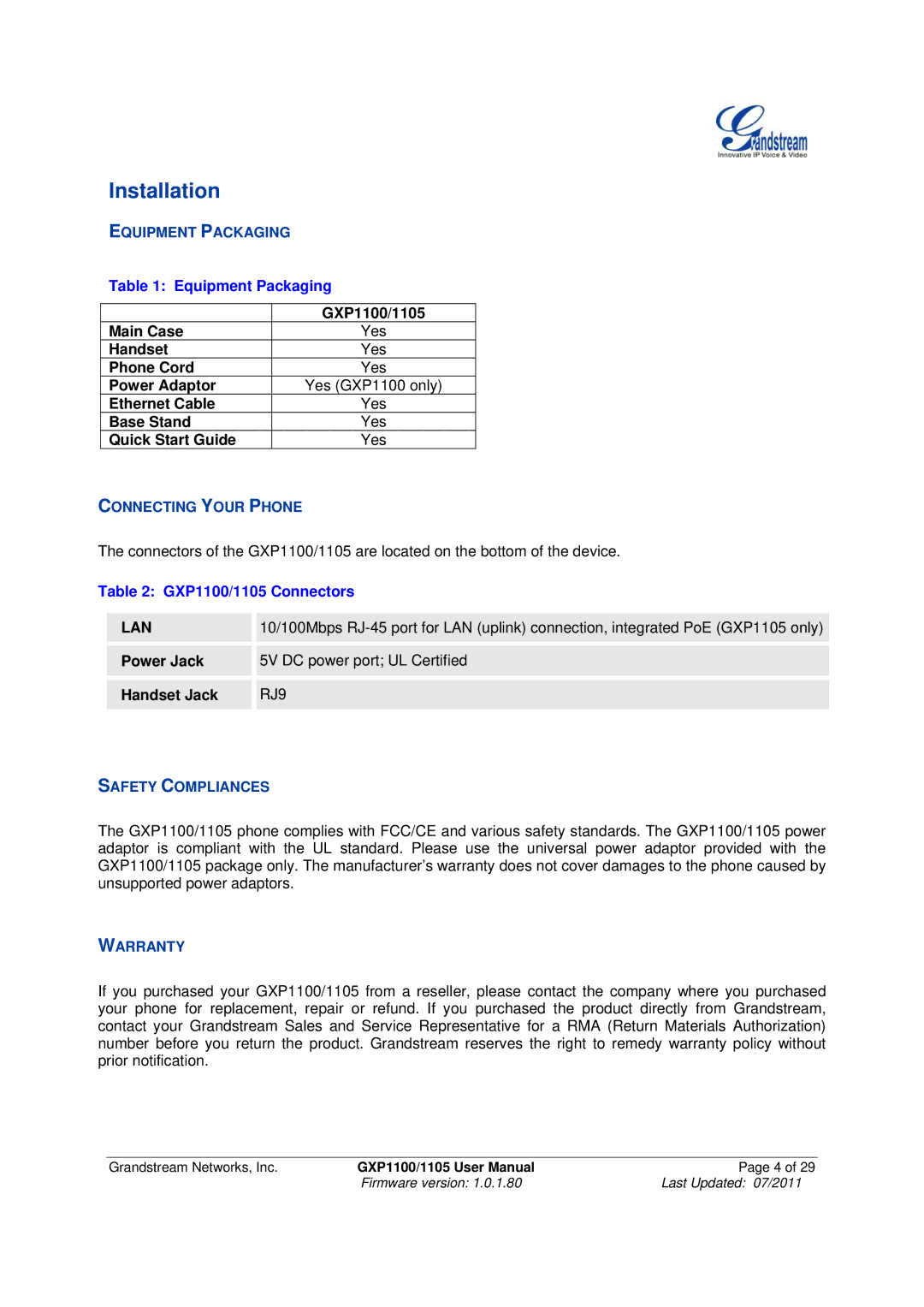 Grandstream Networks manual Installation, Equipment Packaging, GXP1100/1105 Connectors 