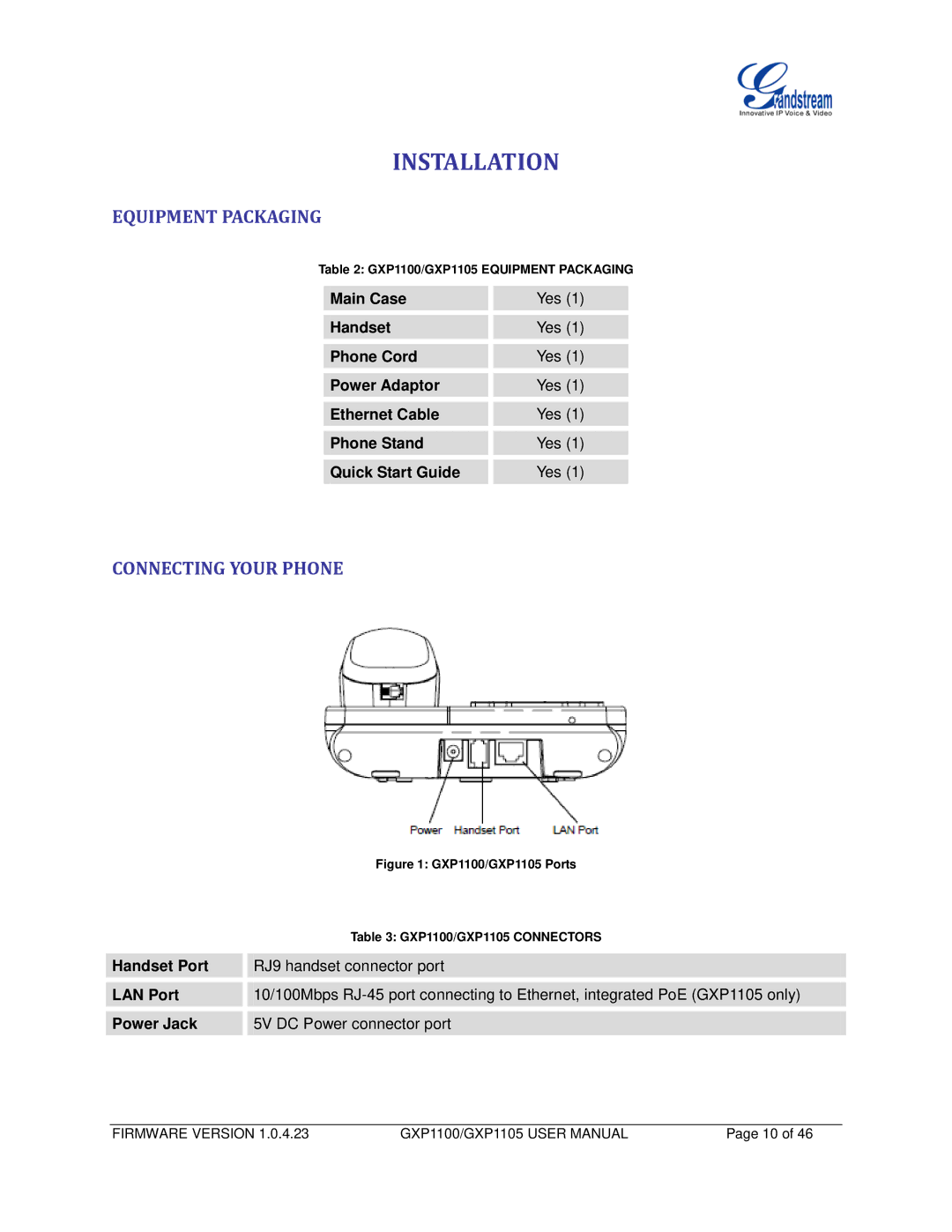 Grandstream Networks GXP1105, GXP1100 user manual Installation, Equipment Packaging, Connecting Your Phone 