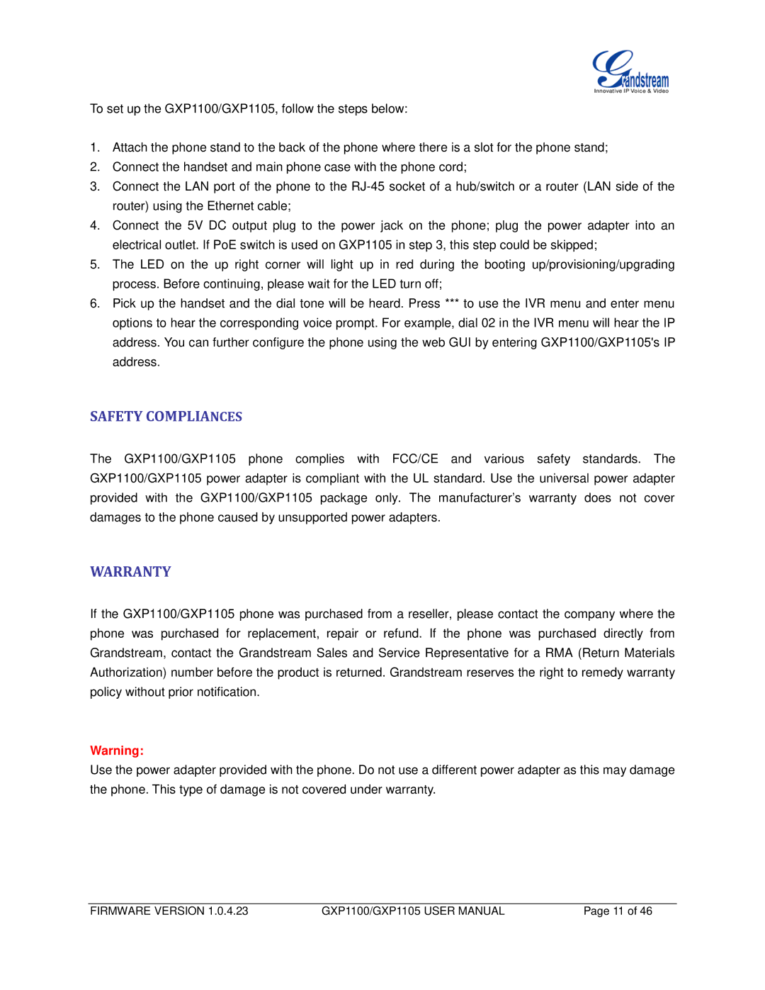 Grandstream Networks GXP1100, GXP1105 user manual Safety Compliances, Warranty 