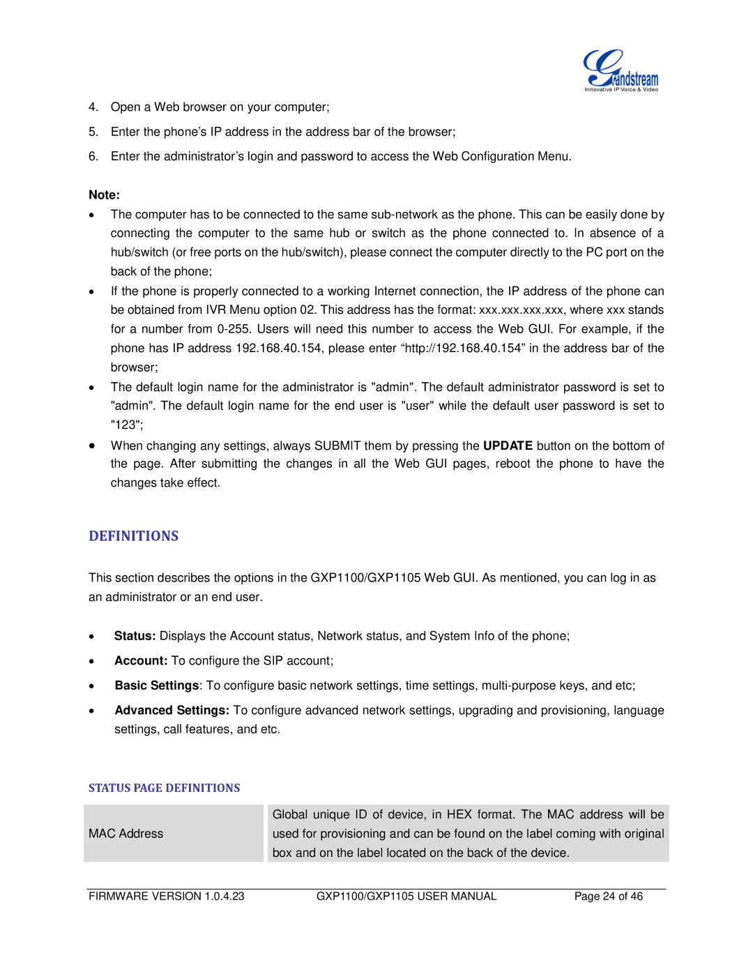 Grandstream Networks GXP1105, GXP1100 user manual Status page Definitions 