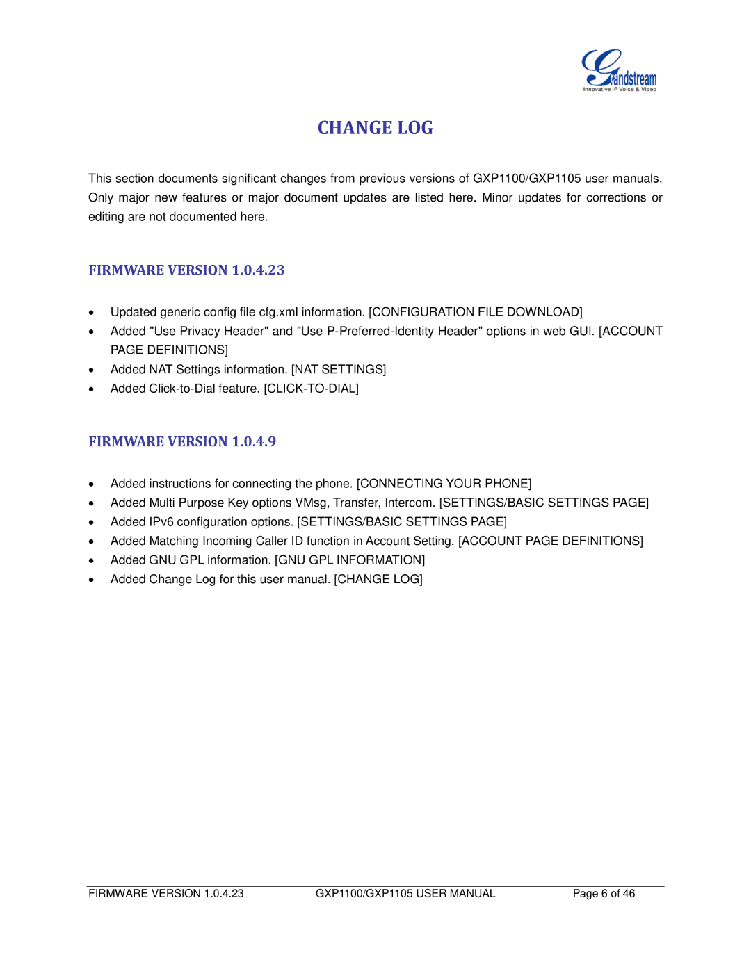 Grandstream Networks GXP1105, GXP1100 user manual Change LOG, Firmware Version 