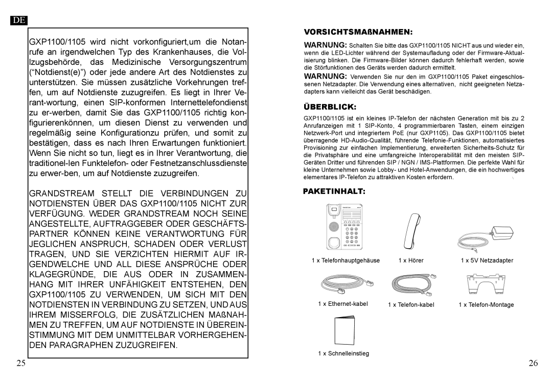 Grandstream Networks GXP1100, GXP1105 warranty VORSICHTSMAßNAHMEN, Überblick, Paketinhalt 