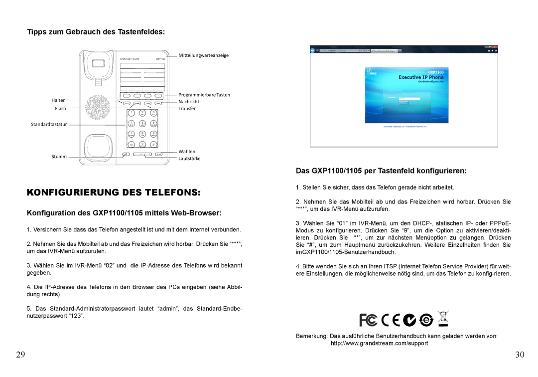 Grandstream Networks GXP1100, GXP1105 warranty Konfigurierung DES Telefons, Tipps zum Gebrauch des Tastenfeldes 