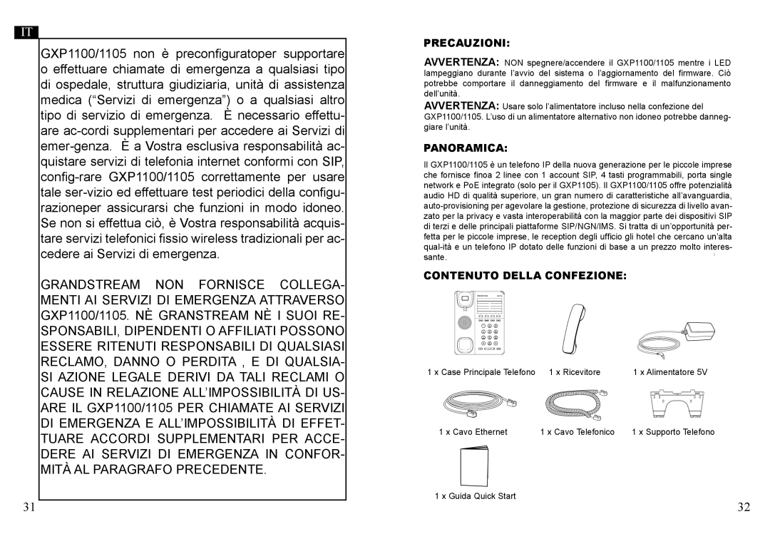 Grandstream Networks GXP1105, GXP1100 warranty Precauzioni, Panoramica, Contenuto Della Confezione 