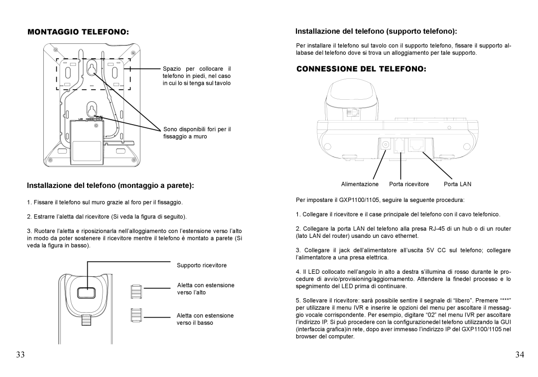 Grandstream Networks GXP1100 Montaggio Telefono, Installazione del telefono montaggio a parete, Connessione DEL Telefono 