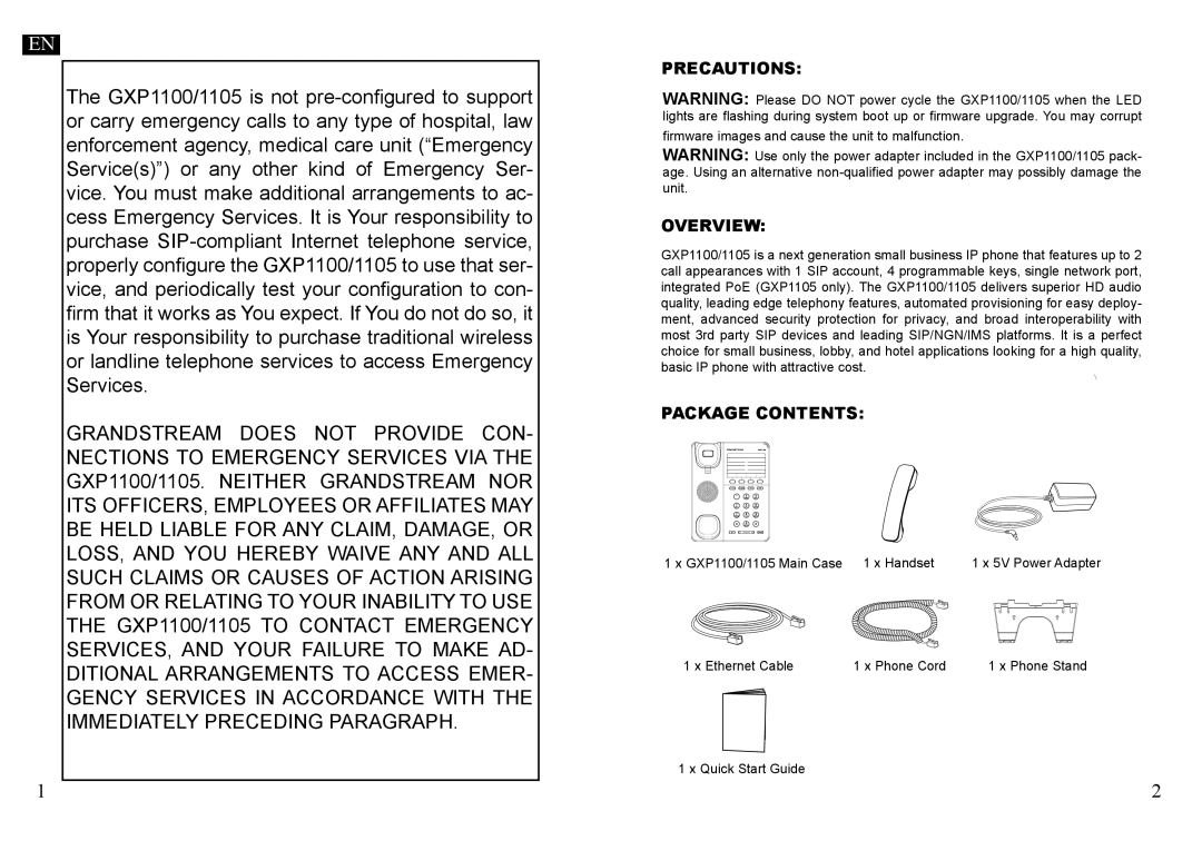 Grandstream Networks GXP1100, GXP1105 warranty Precautions, Overview, Package Contents 