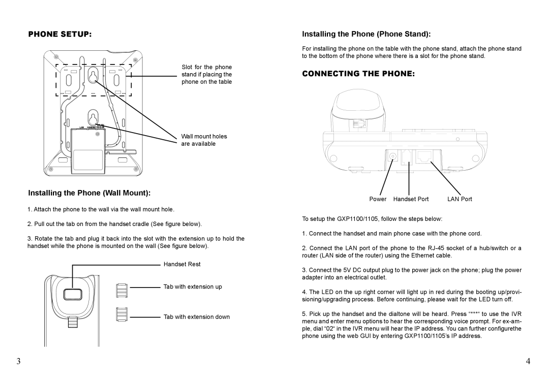 Grandstream Networks GXP1105, GXP1100 Phone Setup, Installing the Phone Wall Mount, Installing the Phone Phone Stand 