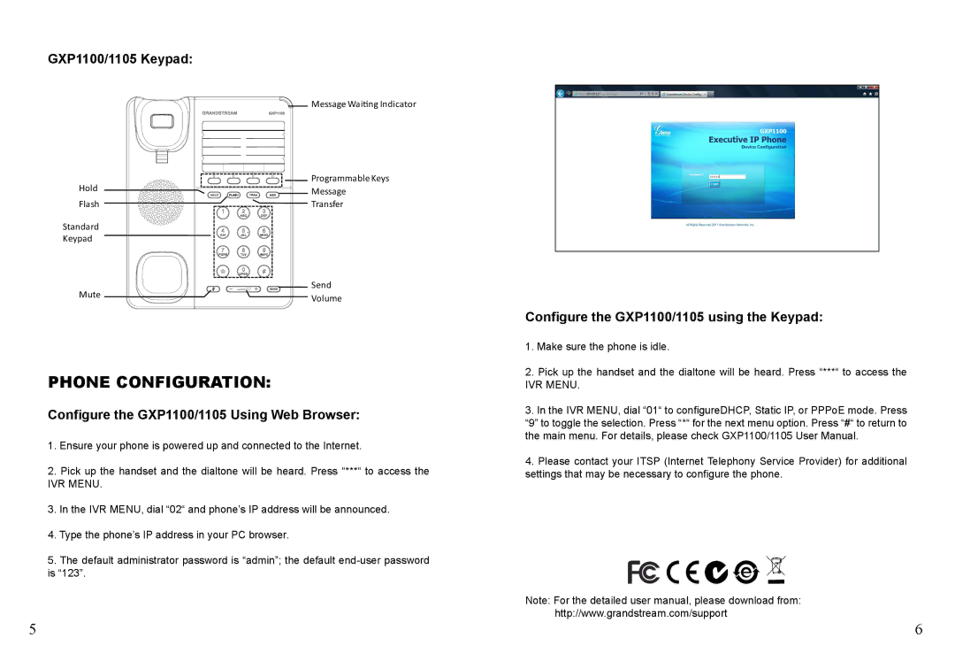 Grandstream Networks GXP1105 Phone Configuration, GXP1100/1105 Keypad, Configure the GXP1100/1105 Using Web Browser 